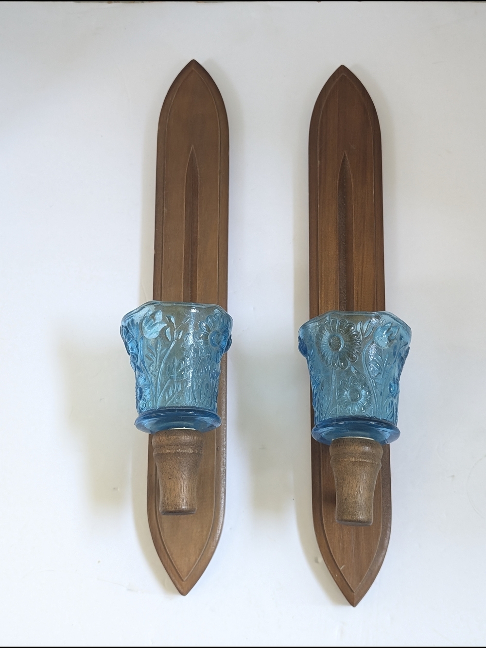 Pair of Mid-Century Blue Glass Floral Wall Sconces